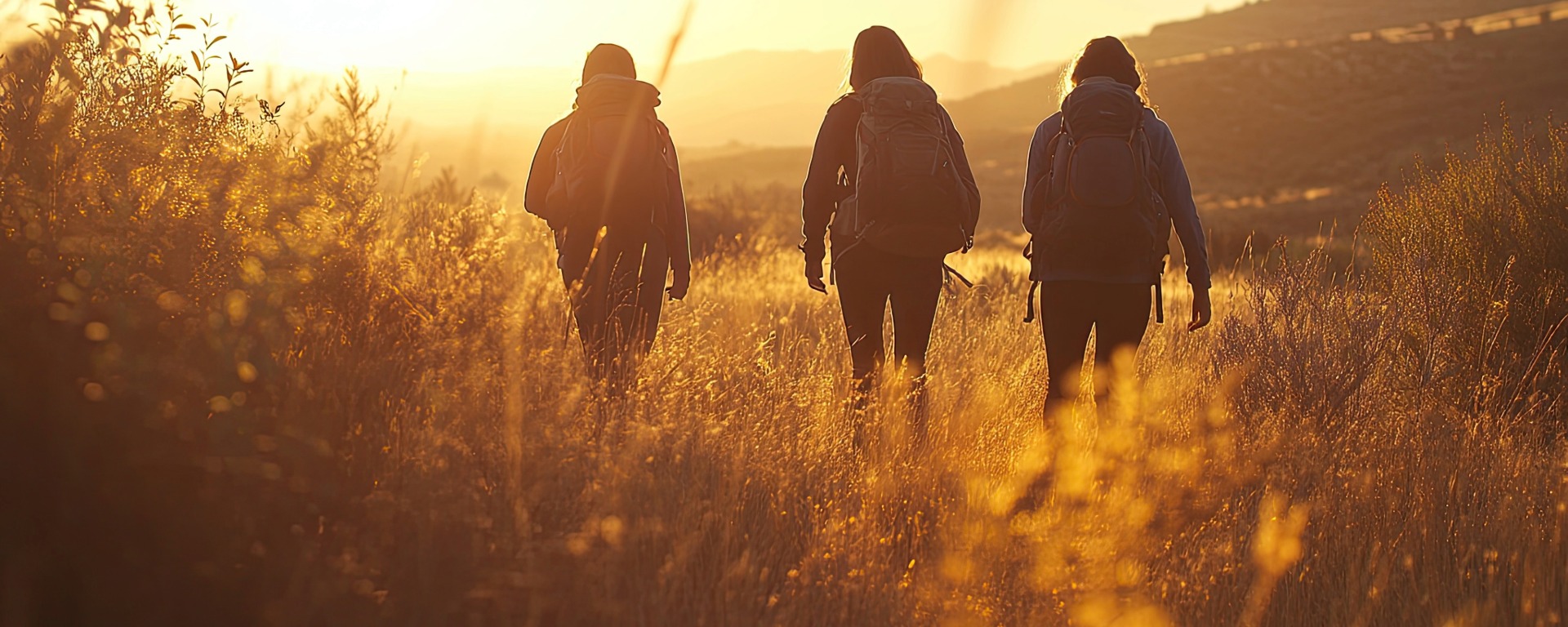 People walking in the countryside during sunset.