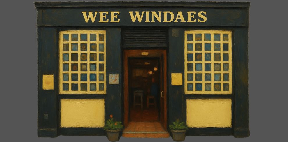 A drawing of the exterior of a pub called 'Wee Windaes'.