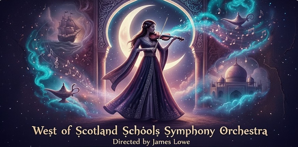 Promotional artwork for the West of Scotland Schools Symphony Orchestra showing a central illustrated figure playing a violin beneath a glowing crescent moon within an ornate archway. Swirling musical notes, misty blue light trails, and fantastical imagery—including a sailing ship and domed buildings—fill a starry night background. Text at the bottom reads ‘West of Scotland Schools Symphony Orchestra, Directed by James Lowe.