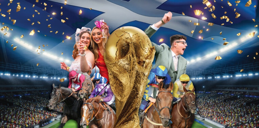A composite sports-themed image showing a large golden World Cup–style trophy at the center of a stadium filled with spectators. In the foreground, several racehorses with jockeys in colorful helmets are running side by side. Behind the trophy, three well-dressed people are celebrating, holding drinks. Gold confetti is falling across the scene, and a large blue-and-white flag spans the stadium roof in the background.