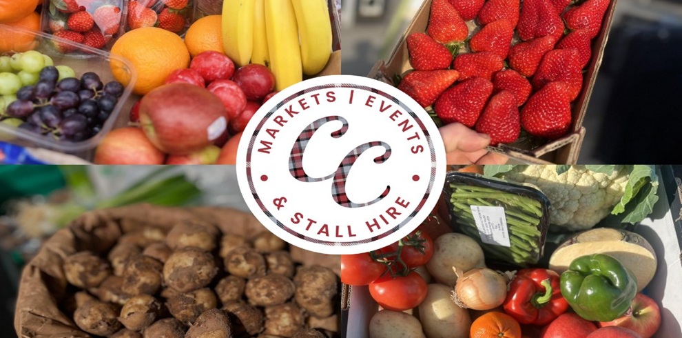 A collage of fresh market produce arranged in four sections, including strawberries in punnets, bananas, apples, grapes, potatoes in a basket, and a box of mixed vegetables such as peppers, tomatoes, onions, cauliflower, and asparagus. A circular logo in the centre reads “CC Markets / Events & Stall Hire.”