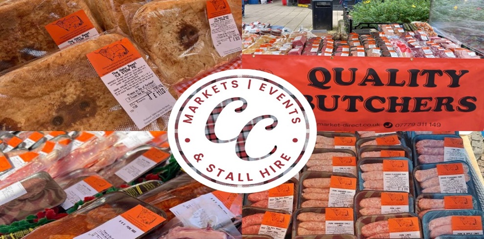 A collage featuring market food items, including packaged baked goods such as pies and bread, a butcher’s stall display with trays of meat, sausages, and bacon, and a red banner reading “Quality Butchers.” A circular “CC Markets / Events & Stall Hire” logo is placed in the centre.