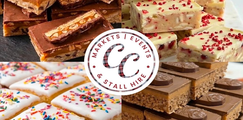 A collage of sweet treats including chocolate bars filled with caramel and nuts, white chocolate rocky road with red pieces, iced traybakes topped with colourful sprinkles, and chocolate biscuit squares. A circular “CC Markets / Events & Stall Hire” logo appears in the centre.