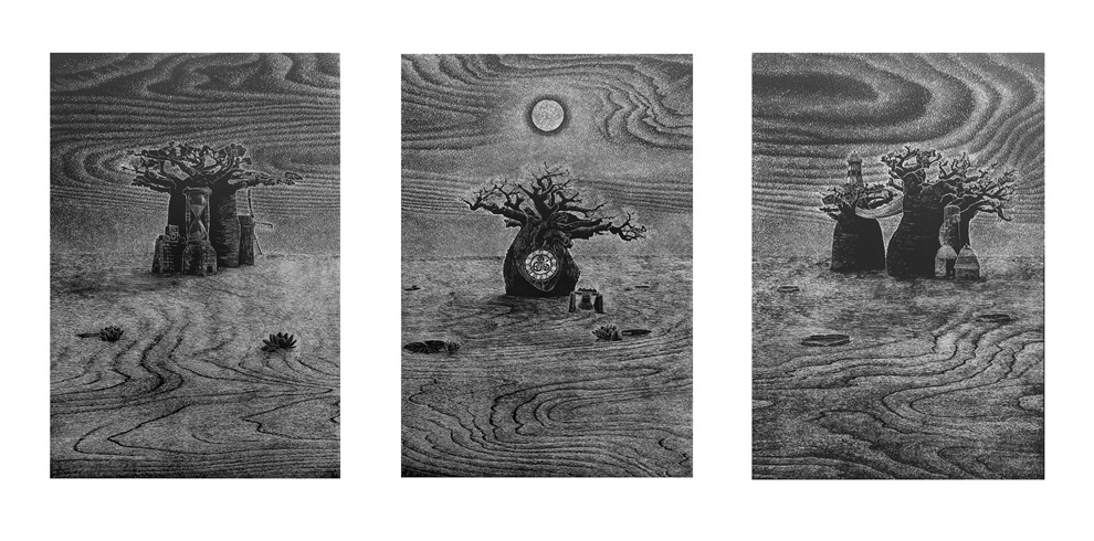Three black-and-white artworks displayed side by side depict a surreal desert-like landscape with rippling, woodgrain-like textures across the ground and sky. Left image: A baobab-shaped tree rises from the textured ground, its trunk incorporating tall, cylindrical architectural forms resembling towers or chimneys. Sparse plants sit in the foreground beneath a swirling sky. Center image: A single baobab tree stands beneath a bright full moon. An ornate circular clock is embedded in the tree’s trunk, with small containers at its base. The surrounding terrain and sky share the same flowing, striated patterns. Right image: Two baobab-like trees stand close together. One tree contains small architectural structures, including a lighthouse-like form near the top. The textured ground and swirling sky continue, creating a unified, dreamlike scene across all three images. Image credit: Beyond the Line by Ade Adesina, woodcut, 2018. © the artist. Used with permission.