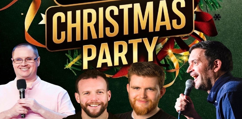 Promotional banner for a “CHRISTMAS PARTY” event, with large gold text centered at the top on a dark green festive background decorated with ribbons, bows, and sparkles. In the foreground, four adults are shown from the chest up, each holding a microphone, arranged side-by-side across the lower half of the image. The background includes holiday-themed graphics such as red and gold ribbons and glowing star-like accents, creating a celebratory atmosphere.