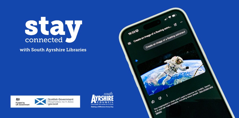 Stay Connected with South Ayrshire Libraries text next to an image of a mobile phone.