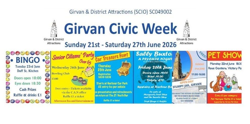 Promotional poster for Girvan Civic Week, organised by Girvan & District Attractions, running Sunday 21st to Saturday 27th June 2026. The banner headline appears above a row of brightly coloured event panels advertising activities including Bingo, Senior Citizens’ Party, Car Treasure Hunt, live music with Sally Buxton, Stumpy Jail Open Day, and a Pet Show, each with dates, venues, times, and entry details illustrated with playful icons and local landmark imagery.