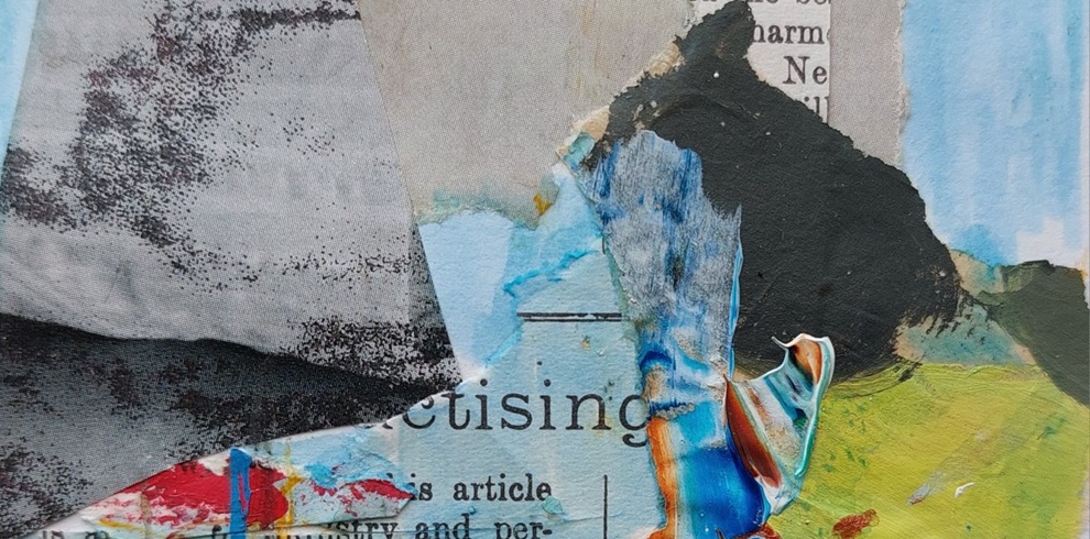 Abstract mixed‑media collage featuring torn paper fragments layered together, with visible newspaper text, rough textures, and brushstrokes of blue, green, black, and red paint forming an irregular, overlapping composition.