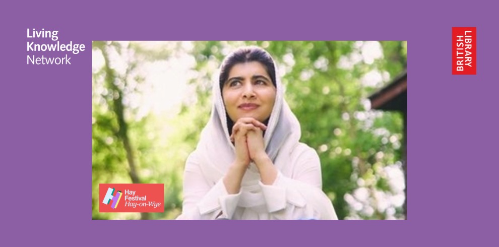 Promotional graphic with a purple background featuring a portrait of a person wearing a light head covering, seated outdoors with greenery in the background. Logos for the Living Knowledge Network, Hay Festival, and the British Library are displayed around the image.