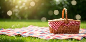 Picnic basket on a blanket in a garden.