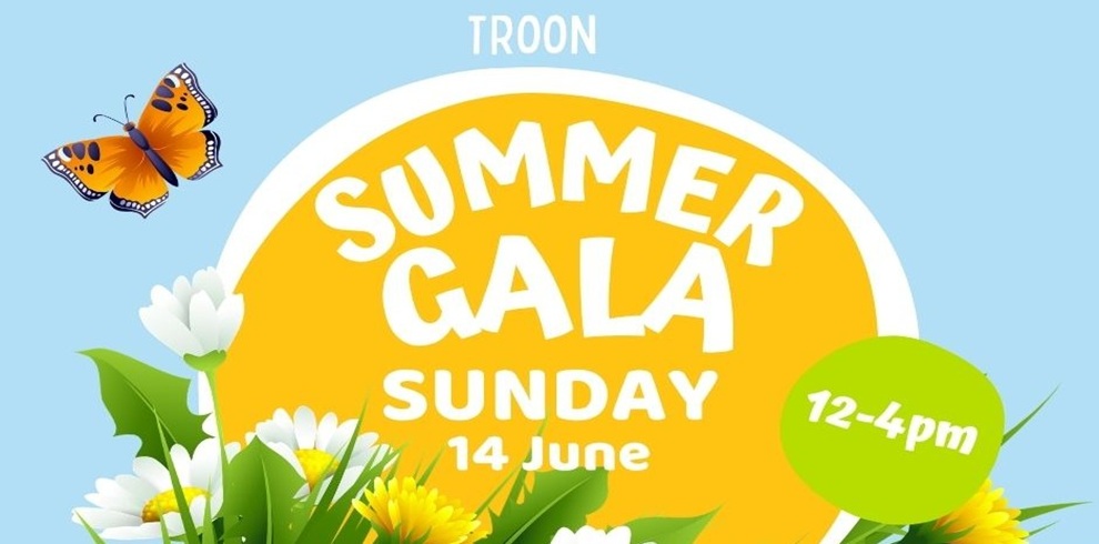 Poster advertising the “Troon Summer Gala,” featuring a bright yellow sun-shaped circle with white text reading “Summer Gala, Sunday 14 June,” and a green badge stating “12–4 pm.” The design includes white daisies, yellow flowers, green leaves, and an orange butterfly against a light blue sky background.