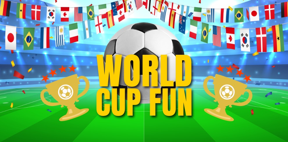 Graphic of a football stadium with a large black-and-white football in the center, surrounded by international flags hanging overhead. Bright yellow text reads “WORLD CUP FUN,” with two gold trophy icons on either side. Confetti is scattered across a green pitch background.