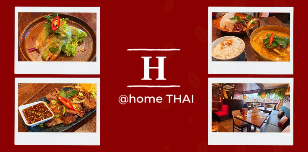 An image of the interior of a restaurant. There is a logo in the top left corner thats says ''@home THAI".