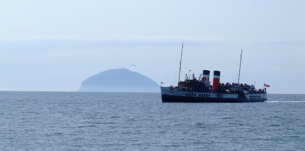 An image of the paddle steamer the Waverley passing Ailsa Craig, Girvan.