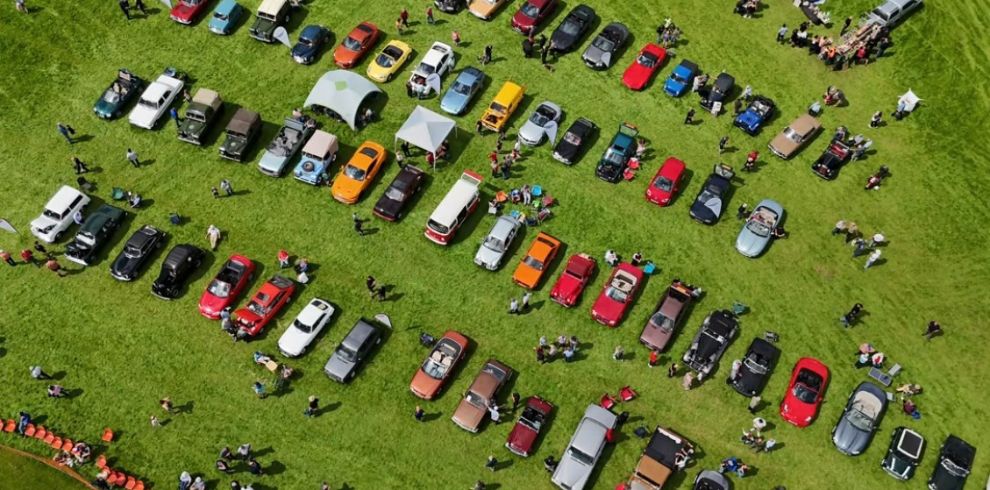 An aerial view of a classic cars exhibition.