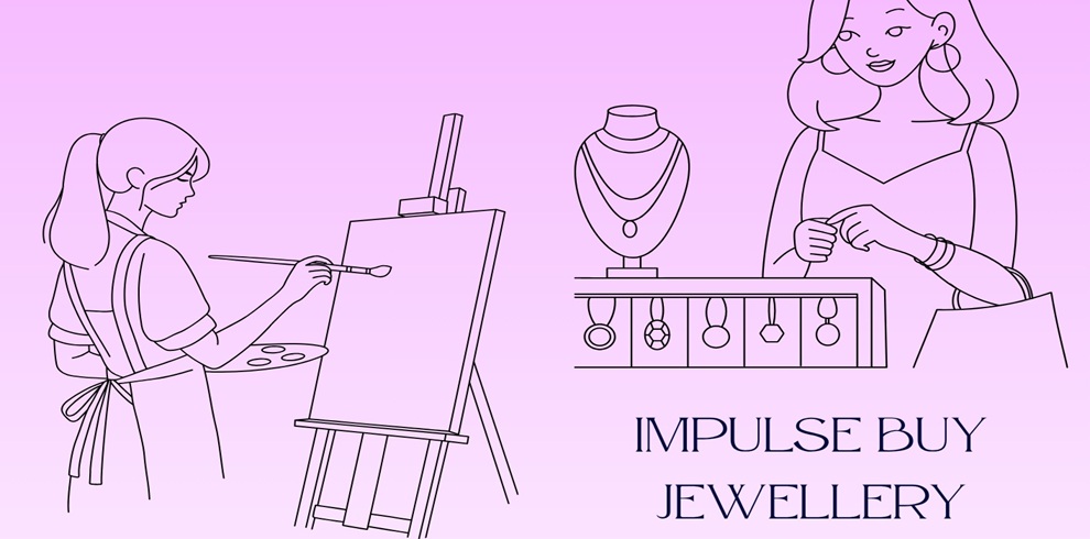 Minimal line illustration on a lavender background showing a person painting at an easel on the left, while on the right another person browses jewellery displayed on a counter with necklaces and hanging pieces. Text at the bottom reads “IMPULSE BUY JEWELLERY