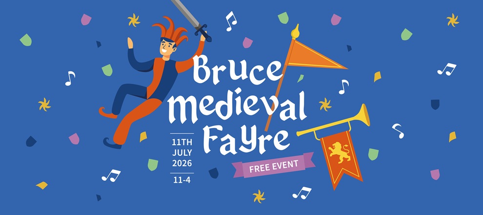 A colorful illustrated poster advertising a community event set against a solid blue background. On the left, a playful cartoon character dressed in a red and navy medieval jester outfit appears mid-leap, holding a long sword pointed upward. Scattered across the background are small decorative elements, including multicolored confetti shapes and white musical notes. Centered prominently in stylized white medieval-style font is the text: “Bruce medieval fayre.” Beneath this text, in smaller white lettering, is the event date and time: “11th July 2026, 11–4.” To the lower right of the main title, a purple ribbon banner displays the words “FREE EVENT” in white. On the right side of the poster, an orange flag and a medieval-style trumpet are depicted. The trumpet has a red banner hanging from it featuring a gold lion emblem. The overall design uses bright, festive colors and medieval-themed imagery to convey a lively and celebratory atmosphere.