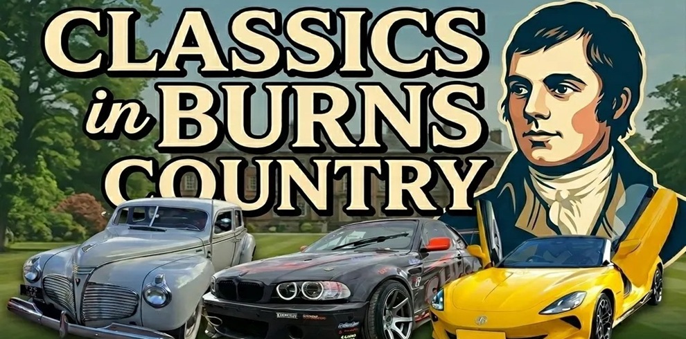 Promotional poster featuring three classic and modern cars parked in front of a large traditional building with greenery. The image includes a vintage silver car on the left, a dark sports car in the center, and a bright yellow modern convertible on the right. Above and across the scene, bold text reads “CLASSICS in BURNS COUNTRY.” On the right side, there is a stylized illustrated portrait of a historical figure in period clothing, appearing larger than the cars.