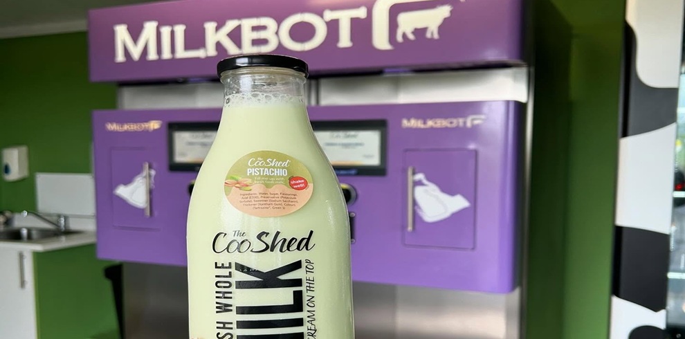 A close-up view of a glass bottle of pistachio-flavoured milk labeled “The Coo Shed Fresh Whole Milk,” placed in the foreground. The bottle has a creamy pale-green color and a black cap, with condensation visible on the glass. In the background, slightly out of focus, is a purple self-service milk vending machine labeled “MILKBOT,” featuring white text and simple cow icons. The machine is set against a green wall, with a small sink and countertop partially visible to the left.