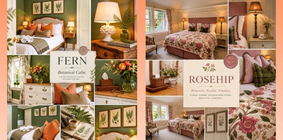 A styled collage showcasing more angles and details of the same themed bedrooms. Multiple images highlight beds with floral quilts, coordinated cushions, and wooden furniture. Soft natural lighting comes through windows dressed with patterned curtains. Close-up shots focus on textures such as embroidered cushions, folded white towels, floral bedspreads, and decorative lamps. Botanical artwork (ferns and flowers) is consistently framed on walls. Wooden dressers display vases filled with fresh-cut flowers, reinforcing a countryside and garden aesthetic. The composition emphasizes comfort, symmetry, and attention to styling detail, presenting each room as warm, peaceful, and carefully coordinated.