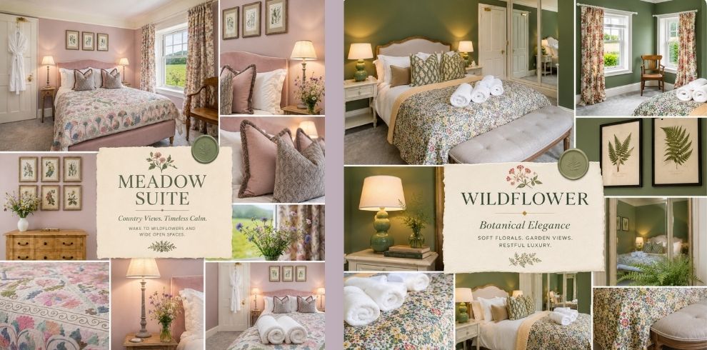 A styled collage showcasing more angles and details of the same themed bedrooms. Multiple images highlight beds with floral quilts, coordinated cushions, and wooden furniture. Soft natural lighting comes through windows dressed with patterned curtains. Close-up shots focus on textures such as embroidered cushions, folded white towels, floral bedspreads, and decorative lamps. Botanical artwork (ferns and flowers) is consistently framed on walls. Wooden dressers display vases filled with fresh-cut flowers, reinforcing a countryside and garden aesthetic. The composition emphasizes comfort, symmetry, and attention to styling detail, presenting each room as warm, peaceful, and carefully coordinated.