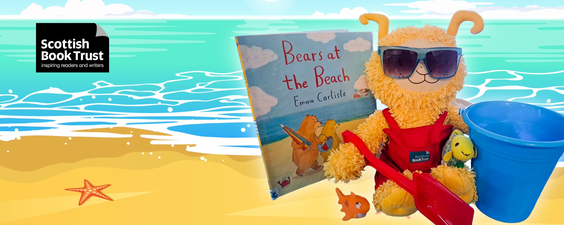 Scottish Book Trust logo. Bookbug mascot sitting on a beach, wearing shades next to a bucket and spade.