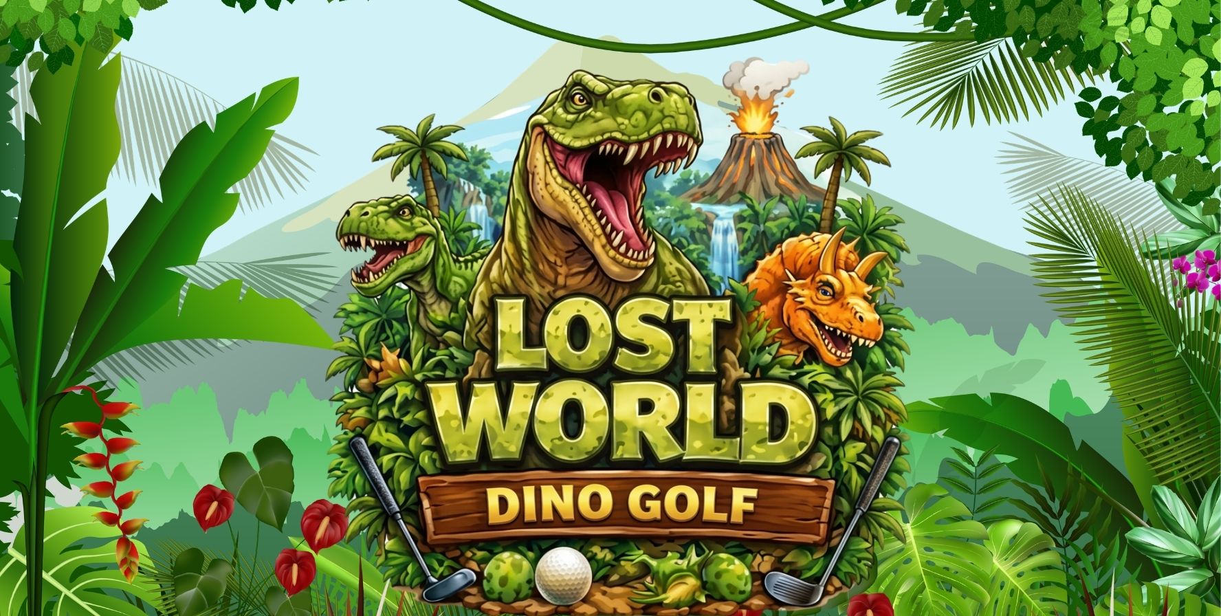 Colorful promotional graphic for “Lost World Dino Golf.” A large green Tyrannosaurus rex dominates the center above the game title, with a smaller green dinosaur on the left and an orange triceratops-like dinosaur on the right. The scene is set in a lush prehistoric jungle filled with tropical leaves, palm trees, flowers, and dense greenery. In the background are a waterfall and an erupting volcano. The words “LOST WORLD” appear in large green letters, with “DINO GOLF” on a wooden sign beneath. Two golf clubs and golf balls are positioned at the bottom of the design.
