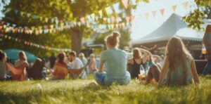 People in a field with bunting and pop-up gazebos.