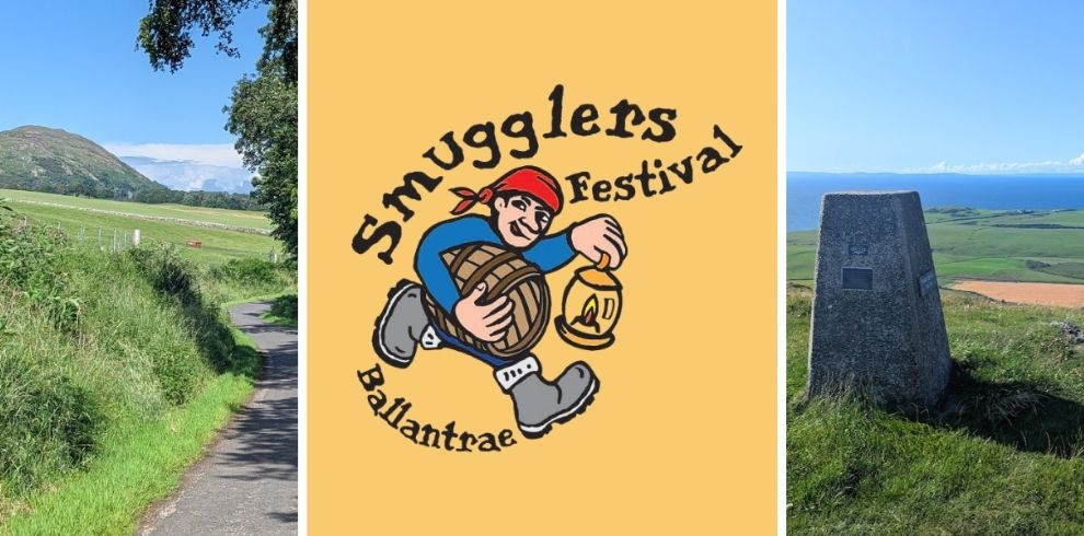 Ballantrae’s Smugglers Trail 4 Three-panel promotional image for the Ballantrae Smugglers Festival. The left panel shows a narrow country road winding through green fields beneath a blue sky, with hills in the distance and trees framing the scene. The centre panel features the Smugglers Festival logo on a tan background, depicting a cartoon smuggler carrying a barrel and lantern, with the text “Smugglers Festival Ballantrae.” The right panel shows a stone trig point standing on a grassy hillside overlooking farmland and a coastal landscape under clear blue skies.