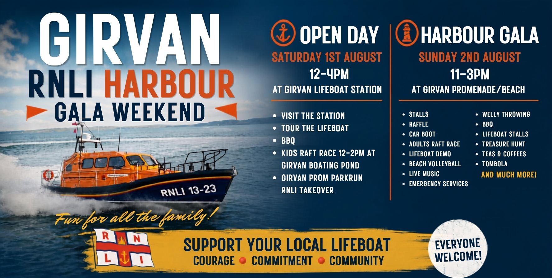 Promotional image for the Girvan RNLI Harbour Gala Weekend. The left side shows an orange and blue RNLI lifeboat speeding across the water with spray behind it. Large text reads “Girvan RNLI Harbour Gala Weekend” and “Fun for all the family!” The right side lists two events: Open Day – Saturday 1st August, 12–4pm, at Girvan Lifeboat Station Visit the station Tour the lifeboat BBQ Kids raft race (12–2pm) at Girvan Boating Pond Girvan Prom Parkrun RNLI takeover Harbour Gala – Sunday 2nd August, 11am–3pm, at Girvan Promenade/Beach Stalls Raffle Car boot sale Adults raft race Lifeboat demonstration Beach volleyball Live music Emergency services Welly throwing BBQ Lifeboat stalls Treasure hunt