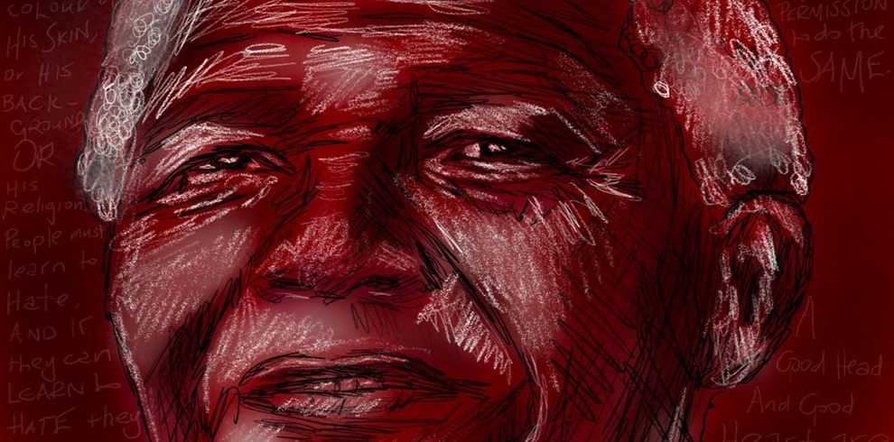 Stylised red-toned portrait illustration of Nelson Mandela, shown in close-up with expressive sketch-like lines and textured shading. Faint handwritten words and quotations appear in the background, creating a reflective and artistic tribute. The image uses deep red, black, and white tones, with Mandela’s face filling most of the frame.