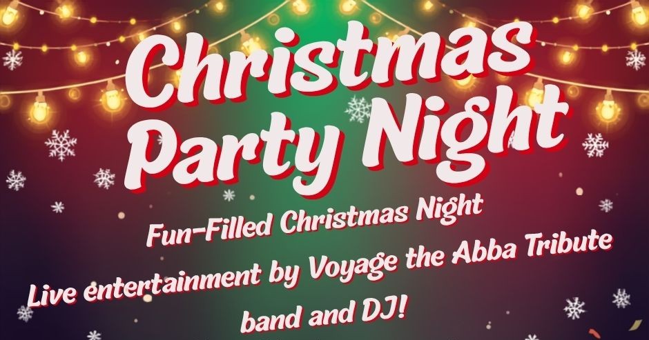 Festive promotional poster for a Christmas event featuring a red, green, and purple gradient background decorated with glowing string lights and white snowflakes. Large white script text with a red shadow reads “Christmas Party Night.” Below, smaller white text states: “Fun-Filled Christmas Night” and “Live entertainment by Voyage the Abba Tribute band and DJ!” Warm golden lights are strung across the top of the design, creating a bright holiday atmosphere.