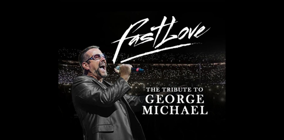Promotional concert poster featuring a performer in a black leather jacket holding a microphone and singing on a stage. The background shows a large audience with thousands of lights visible in a dark arena. Large stylized white text at the top reads “Fastlove,” and bold text on the right reads “The Tribute to George Michael.” The overall design uses dark tones with bright white lettering to highlight the tribute show branding.