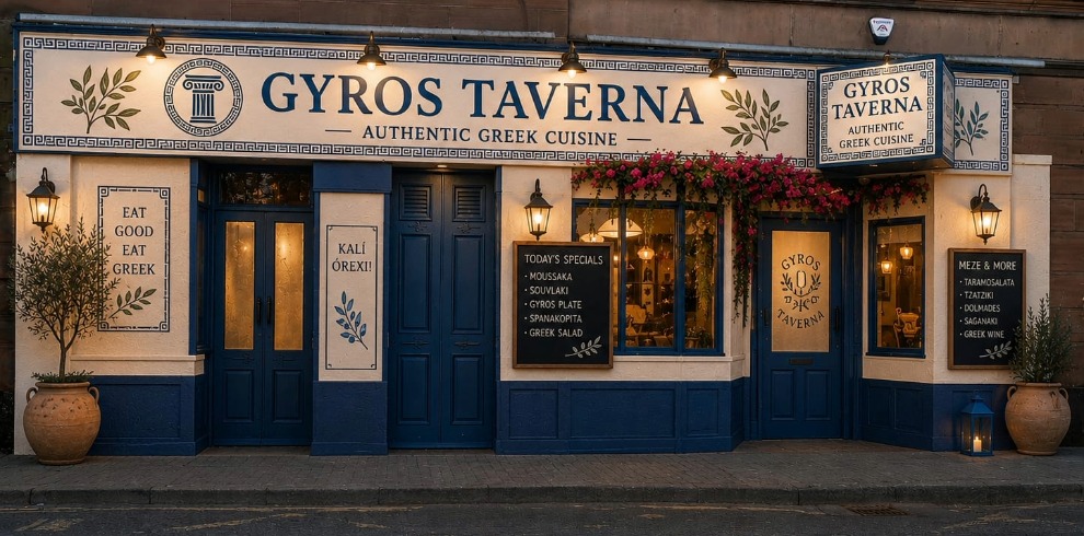 Gyros Taverna 1 Exterior of a restaurant. Sign reads Gyros Taverna.