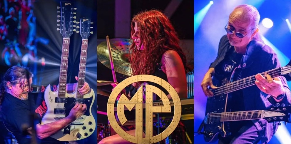 Collage of three live-performance photos under colorful stage lighting. On the left, a musician plays a white double-neck electric guitar while standing onstage. In the center, a drummer is seated behind a drum kit, partially framed by a large circular gold logo with the letters “MP.” On the right, a musician wearing sunglasses plays a black double-neck bass guitar. Blue, purple, and pink concert lights illuminate the scene, creating an energetic rock-show atmosphere.