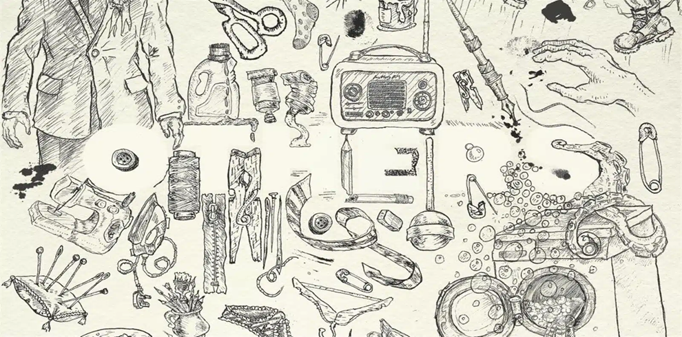 Black-and-white hand-drawn illustration on a light background featuring a collection of scattered everyday objects and sewing or crafting items. Visible objects include a vintage radio, scissors, thread spools, safety pins, clothespins, a tape measure, buttons, bottles, a hand, pieces of fabric, sewing tools, and various small mechanical and household items. The objects are arranged loosely across the page in a sketchbook style with detailed pen-and-ink linework, creating the appearance of a curated assortment of found objects and craft materials.