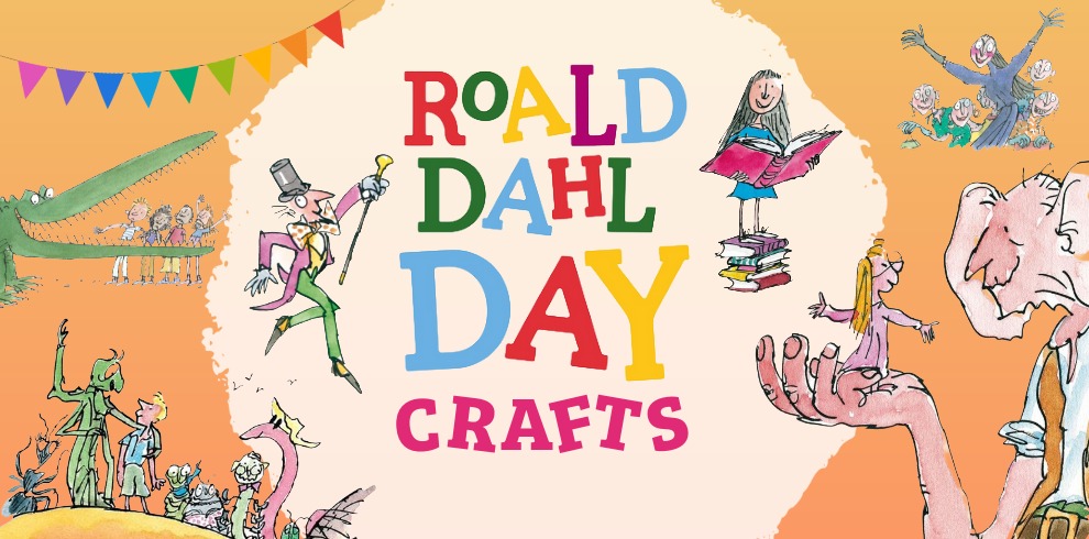 Colourful promotional graphic for a Roald Dahl Day craft event. In the centre, large multicoloured text reads “ROALD DAHL DAY CRAFTS” on a cream paint-splash background. Around the edges are illustrations inspired by Roald Dahl stories, including a crocodile with children, a character in a purple coat and top hat, a child reading while standing on books, a giant hand holding a small figure, a large peach with several characters, and a group of figures at the top right. A string of rainbow-coloured bunting stretches across the top of the image. The background fades from light yellow at the top to peach-orange at the bottom, creating a bright, playful and family-friendly design.