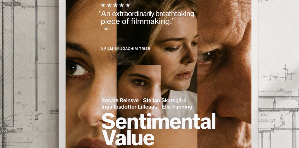 Film poster featuring a collage of three overlapping close-up portraits arranged in vertical panels. A large face occupies the left side of the composition, while a smaller central portrait is layered over a larger portrait on the right. The image uses warm beige and brown tones with a soft, textured appearance. White text near the top includes a five-star rating and review quote, while the film title, “Sentimental Value,” appears prominently in large white lettering near the bottom. The poster is bordered by a light background with faint architectural drawings visible along the right edge.