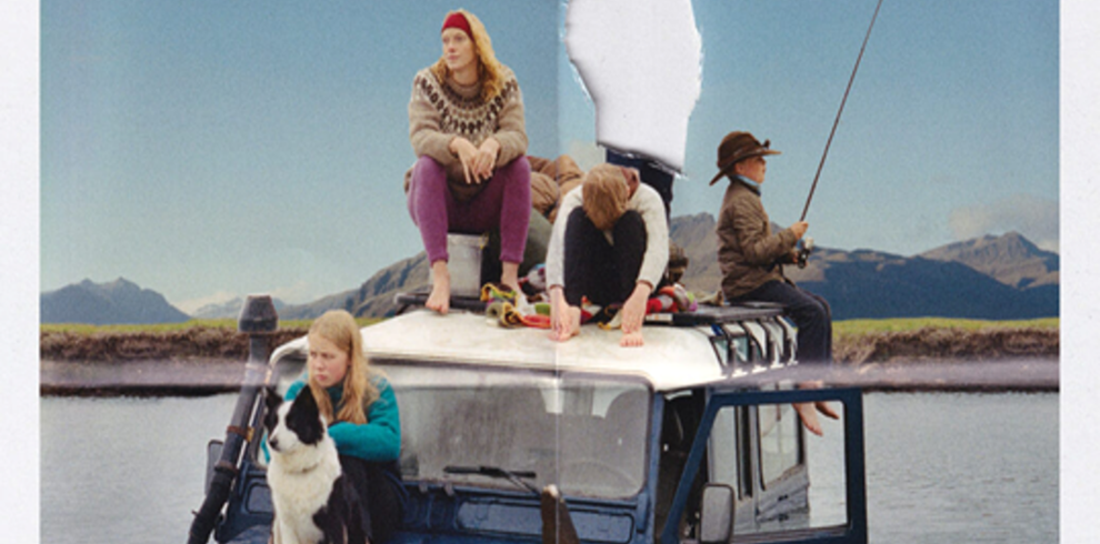 The Love That Remains 4 Four people and a black-and-white dog sit on top of a blue vehicle parked beside a body of water, with mountains visible in the distance. One person holds a fishing rod, while others sit barefoot on the roof. The image has a torn-photograph effect running vertically through the centre, creating a collage-like composition against a clear blue sky.