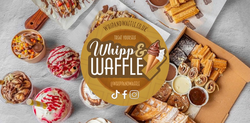 A table of delicious sweet treats. Logo overlayed says Whipp & Waffle.