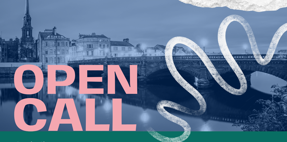 Promotional graphic featuring the words “OPEN CALL” in large pink capital letters over a blue-toned photograph of a riverside townscape. A stone bridge spans a calm river with historic buildings and a church steeple in the background. A textured white wavy line curves across the right side of the image, and torn-paper style effects appear along the top edge. A green band runs along the bottom of the design.
