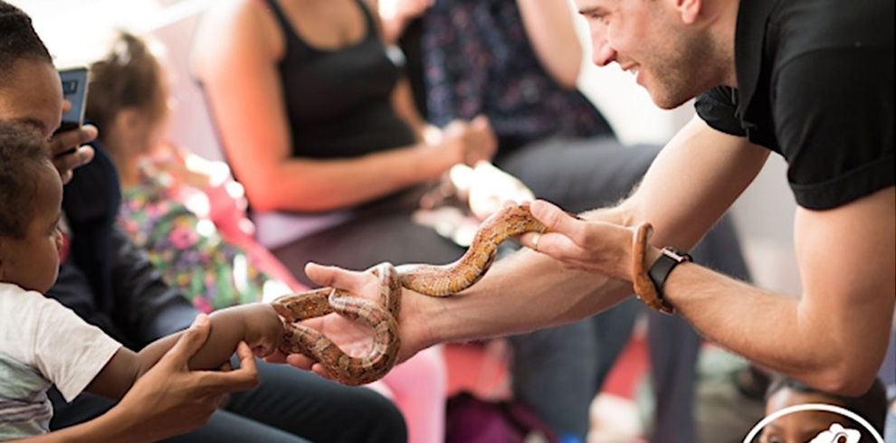 A ZooLab presenter carefully holds a patterned snake while children gather around for a close-up animal encounter. One child gently touches the snake as it coils across the presenter's hands. Other attendees are seated in the background, highlighting an interactive wildlife education workshop.