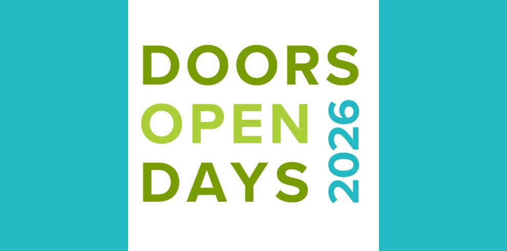 Graphic promoting Doors Open Days 2026. The design features the words “DOORS OPEN DAYS” in large green letters on a white background, with “2026” displayed vertically in turquoise on the right side. Turquoise panels border the left and right edges of the image.