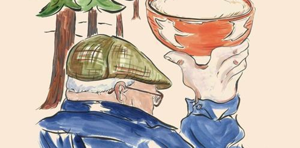Illustrated promotional artwork for The Golden Spurtle. In the foreground, an older person wearing a green tartan flat cap, glasses and a blue jacket is shown from behind and in profile. One arm is raised, holding a large orange bowl filled with porridge aloft in a celebratory gesture. The background features a simple, hand-painted woodland scene with tall trees, rendered in soft watercolour tones. The image uses a warm, light colour palette with cream, green, orange and blue hues. The sketch-like illustration style evokes a sense of tradition, community and Scottish heritage, reflecting the documentary's focus on the World Porridge Championships.