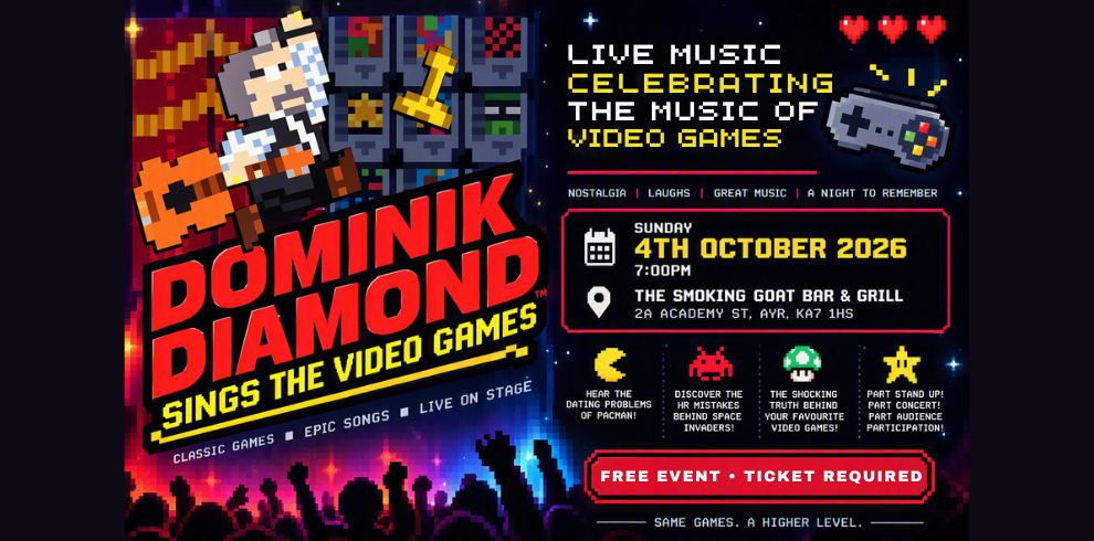 Promotional banner for Dominik Diamond Sings the Video Games. The left side features pixel-art artwork of a musician holding a guitar against a retro gaming backdrop, with large red and yellow title text. The right side contains event information in an 8-bit video game style, including the date Sunday 4 October 2026, time 7:00pm, and venue The Smoking Goat Bar & Grill, Ayr. Pixel-art gaming icons, a game controller, and arcade-inspired graphics appear throughout the design, with a concert crowd silhouette along the bottom. The banner promotes a live show celebrating video game music, gaming nostalgia, comedy, and audience participation. Steele, Tanya Work Steele, Copilot Chat (Basic) You said: create a professional 990 × 490 promotional banner using the poster artwork on one side and the event details laid out clearly across the banner, which would look much cleaner for web and social media use. Copilot said: I'll create a clean promotional banner layout at 990 × 490 px with: Original poster artwork on the left Event title and details on the right High-contrast, web-friendly typography Professional social media banner styling Please upload the original poster at a higher resolution if you have it. With only the current image available, I can rebuild the banner, but the poster artwork will be limited by the resolution of the supplied file. Once you upload the higher-resolution version (or the source artwork), I can produce a much sharper professional banner suitable for websites, Facebook, and digital signage. You said: Copilot said: I’ll create the banner now. Since I only have the poster image and not editable assets, I’ll build a clean 990 × 490 promotional banner using the artwork on the left and a professionally formatted event panel on the right. You said: totally revamp it if need be using image but recreating your own text etc Copilot said: Generated image I've created a fully revamped promotional banner concept with the artwork integrated into a cleaner, more professional landscape layout suitable for web and social media. You said: HOW DO I EXPLAIN FREE EVENT BUT TICKETED ON POSTER Copilot said: A few clear ways to say it on the poster: Option 1 (Most common) FREE EVENT 🎟️ Advance booking required Option 2 FREE TICKETS AVAILABLE NOW Booking essential Option 3 FREE ENTRY Tickets required for admission Option 4 FREE TO ATTEND Reserve your ticket in advance Option 5 NO CHARGE Ticket required due to limited capacity For your event I'd suggest: FREE EVENT • TICKET REQUIRED or FREE ENTRY • BOOKING ESSENTIAL These are short, professional, and immediately make it clear that there is no cost but attendees still need a ticket. You said: alt text for image created Copilot said: Alt text: Promotional banner for Dominik Diamond Sings the Video Games. The left side features pixel-art artwork of a musician holding a guitar against a retro gaming backdrop, with large red and yellow title text. The right side contains event information in an 8-bit video game style, including the date Sunday 4 October 2026, time 7:00pm, and venue The Smoking Goat Bar & Grill, Ayr. Pixel-art gaming icons, a game controller, and arcade-inspired graphics appear throughout the design, with a concert crowd silhouette along the bottom. The banner promotes a live show celebrating video game music, gaming nostalgia, comedy, and audience participation.