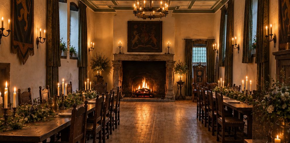 Historic banquet hall at Loudoun Hall in Ayr, featuring long wooden dining tables decorated with candles and greenery. A large stone fireplace with a roaring fire forms the focal point at the far end of the room. Stone walls, tall windows with draped curtains, period furnishings, wall hangings, wrought-iron candle sconces and a circular chandelier create a warm, atmospheric setting suitable for weddings, private dining and special events.