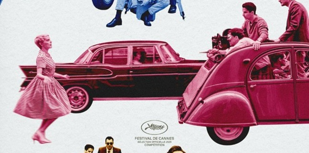 Promotional artwork for Nouvelle Vague. A stylised collage in pink, red, black and white shows a person in a striped dress walking beside a vintage 1950s car, while a film crew operates a camera from another classic car. Additional figures and vehicle details appear around the composition, evoking a film set on the streets of mid-century Paris. The Cannes Film Festival emblem and the text “Festival de Cannes, Sélection Officielle 2025, Competition” appear near the bottom centre.