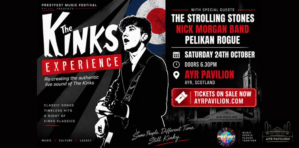 Promotional banner for The Kinks Experience at Ayr Pavilion. The left side features a high-contrast black-and-white illustration of a guitarist against a dark background with radiating grey stripes and a red, white and blue Mod target. Large white text reads “The Kinks Experience” with the tagline “Re-creating the authentic live sound of The Kinks.” The right side lists special guests: The Strolling Stones, Nick Morgan Band, and Pelikan Rogue. Event details include Saturday 24th October, Doors 6.30pm, and Ayr Pavilion, Ayr, Scotland. A prominent red ticket panel states “Tickets on Sale Now – AyrPavilion.com.” The design uses a black, white and red colour palette with vintage Mod-inspired styling and includes the Prestfest Music Festival logo in the bottom-right corner.