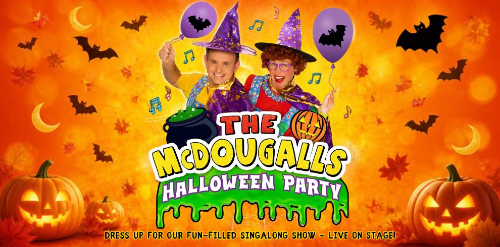 Promotional artwork for The McDougalls Halloween Party Show. The images feature a colourful Halloween-themed stage show with two costumed performers dressed as witches, surrounded by pumpkins, bats, balloons, party decorations, and autumn leaves. One image shows the performers holding purple bat balloons against an orange background with the show's logo, while the other shows the performers standing beneath a large "Party" archway decorated with balloons, pumpkins, and Halloween motifs. Text promotes a fun-filled singalong Halloween show for families.