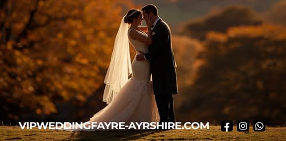 Promotional image for a wedding fayre showing two people in formal wedding attire standing together outdoors against a backdrop of golden autumn trees. The scene is softly lit with warm tones and a blurred background. Text along the bottom reads: “VIPWEDDINGFAYRE-AYRSHIRE.COM” alongside Facebook, Instagram and WhatsApp icons.